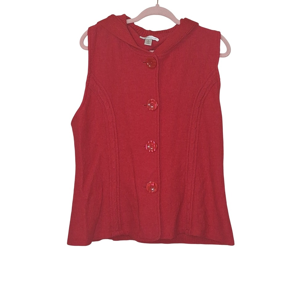 Coldwater Creek Red Boiled Wool Hooded Sweater Vest XL Button Front Ribbed Back